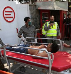 Kabul, Sept. 9, 2020 (Xinhua) — People carry an injured man to a hospital after a bomb attack in Kabul, capital of Afghanistan, on Sept. 9, 2020. At least 10 people were killed and 15 others wounded in a bomb attack that struck the convoy of Afghan First