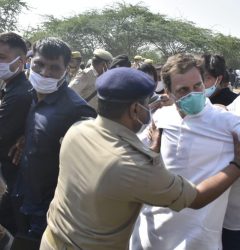 Greater Noida: Congress leaders Rahul Gandhi and Priyanka Gandhi Vadra started a foot-march on the highway between Delhi and Uttar Pradesh as their convoy was stopped on its way to Hathras, where they had to meet the family of the gang-rape victim who died on Tuesday and whose late night cremation by the UP police in the absence of the victim’s family members has provoked nationwide outrage; in Greater Noida on Oct 1, 2020. All India Mahila Congress President Sushmita Dev also accompanied the Gandhis. The Gandhis’ SUV crossed the border, but their convoy was stopped at Greater Noida, at a point that is about 142 km to Hathras. Rahul Gandhi alleged today that he was pushed to the ground and lathi-charged when he and his sister Priyanka Gandhi Vadra were marching towards Hathras. (Photo: IANS)