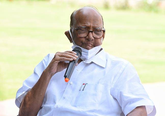 New Delhi: Sharad Pawar, president of the Nationalist Congress Party (NCP) address a press conference at his residence in new Delhi on Sunday March 21, 2021.(Photo:Wasim Sarvar/IANS)