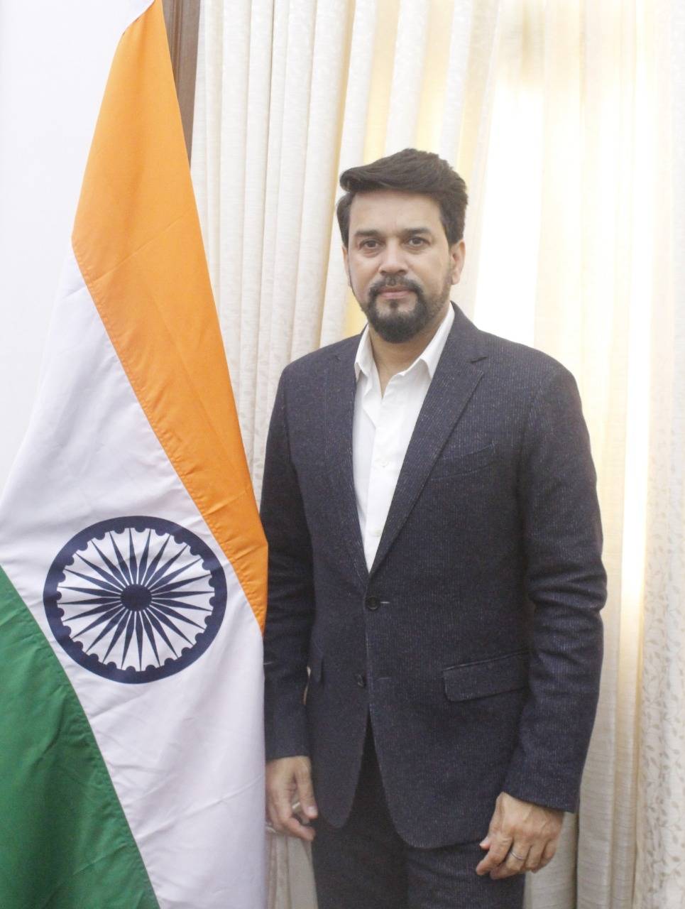 Minister of State for Finance and Corporate Affairs.  Anurag Singh Thakur  at Office in New Delhi on Friday (Photo By Qamar Sibtain)