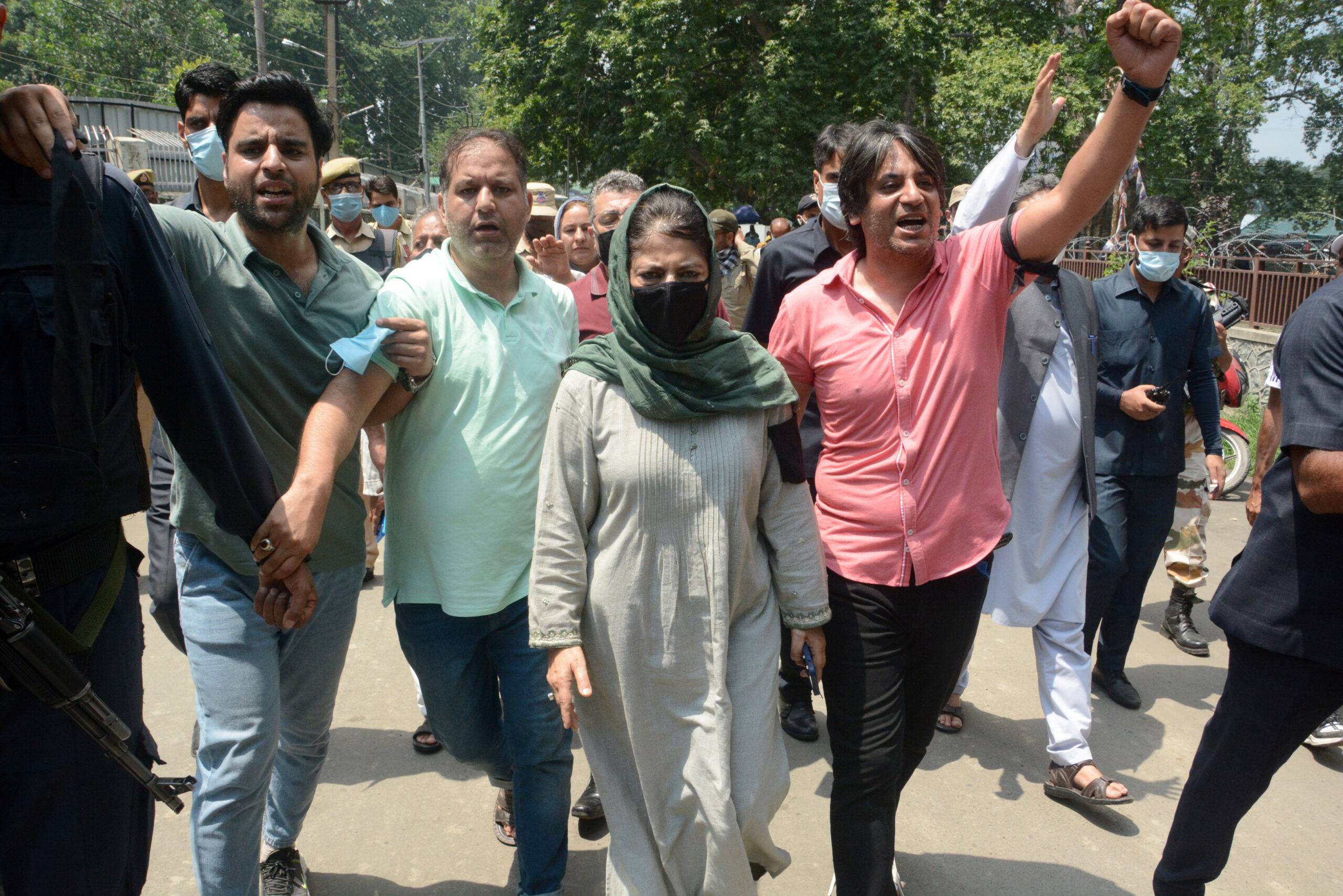 Kashmir-PDP chief Mehbooba Mufti along with senior party leaders shouts slogans during their protest rally on the 2nd anniversary of abrogation of article 370 & 35A-Umar Ganie (34)