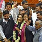 New Delhi: AAP’s Shelly Oberoi celebrates with party MLA Atishi Marlena and others after being elected as the new mayor of Delhi at Civic Centre in New Delhi on Wednesday, Feb. 22, 2023. (Photo: Anupam Gautam/IANS)