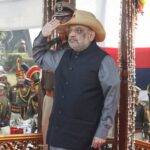 New Delhi: Union Home Minister Amit Shah salutes during the Delhi Police Raising Day Parade at Parade Ground, New Police Lines in New Delhi on Thursday, Feb. 16, 2023. (Photo: Wasim Sarvar/IANS)