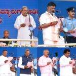 Bengaluru: In this combo photo Karnataka Governor Thawar chand Gehlot administers the oath to Karnataka Chief Minister Siddaramaiah, Deputy Chief Minister D.K. Shivakumar, and Cabinet Ministers G Parameshwara, K J George, M B Patil, Satish Jarkiholi, Ramlinga Reddy, Priyank Kharge, B Z Zameer Ahmad Khan and K H Muniyappa during the swearing-in ceremony, at Kanteerava Stadium in Bengaluru, Saturday, May 20, 2023.(Photo: IANS)