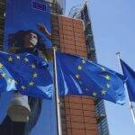 European Union flags fly outside the European Commission building in Brussels, Belgium, on June 9, 2021.  (Xinhua/Zheng Huansong/IANS)