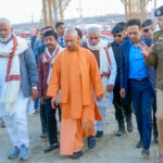 Prayagraj: Uttar Pradesh Chief Minister Yogi Adityanath arrives to inspect at Triveni sangam