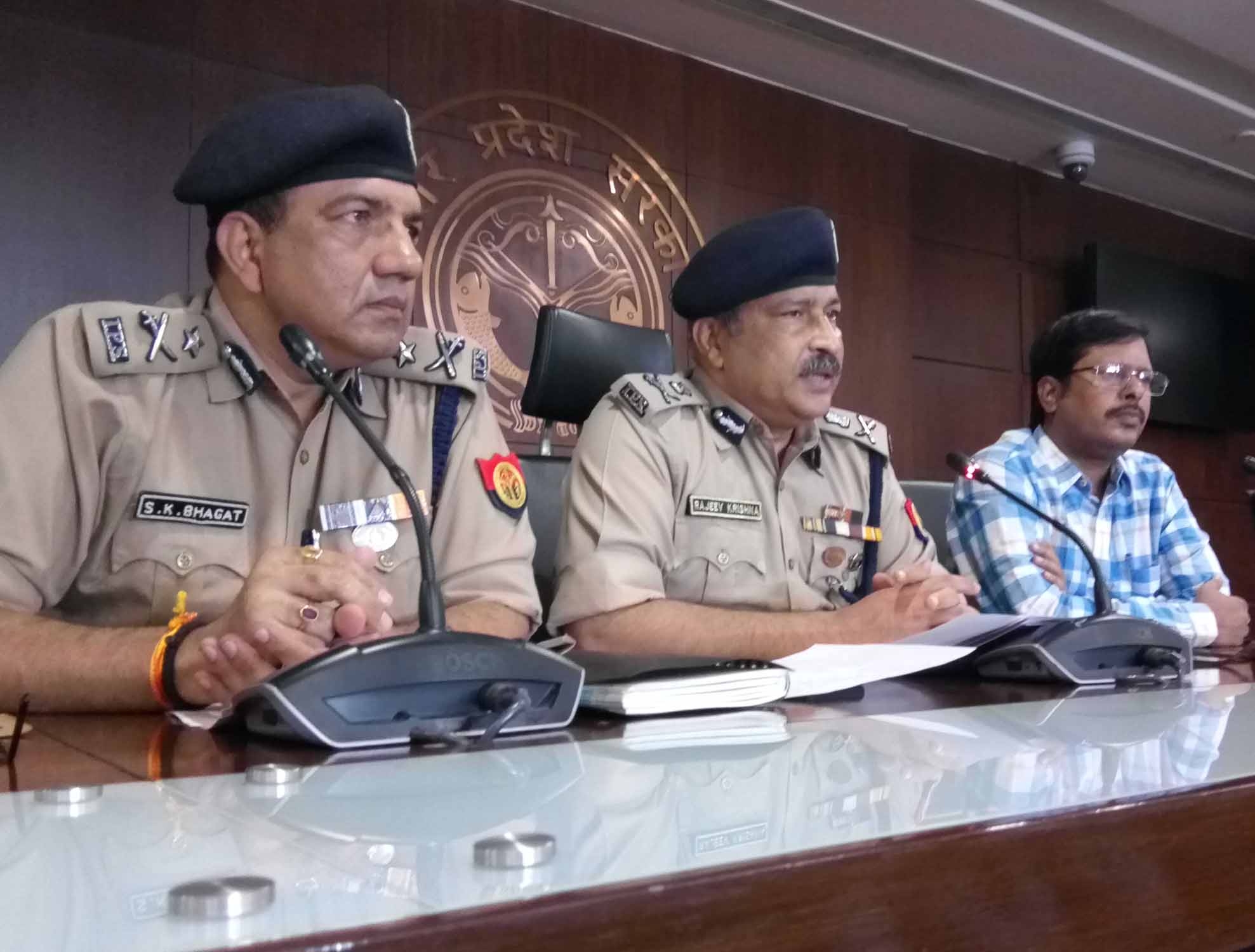 Lucknow: ADG Lucknow Zone, Rajiv Krishna addresses a press conference over the accident of the Unnao rape survivor, in Lucknow on July 29, 2019. Even as the ‘conspiracy’ theory in the accident of the Unnao rape survivor spins into a major political controversy, Uttar Pradesh Police claims in hushed tones that it was a ‘mere accident’. The state government which is in a defensive mode on the issue has already said that it is prepared to recommend a CBI inquiry into the accident in which one witness of the Unnao rape case was killed on Sunday. (Photo: IANS)